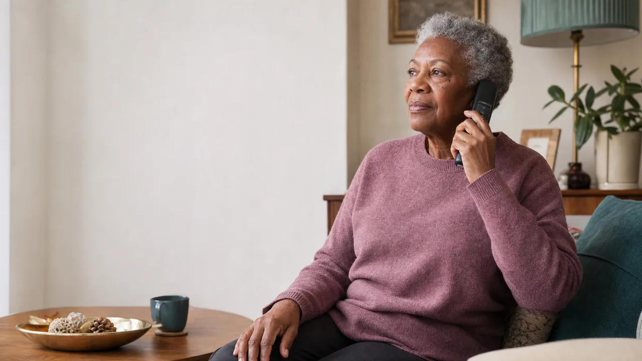 Older woman at home listening to a follow-up care call on a cordless telephone